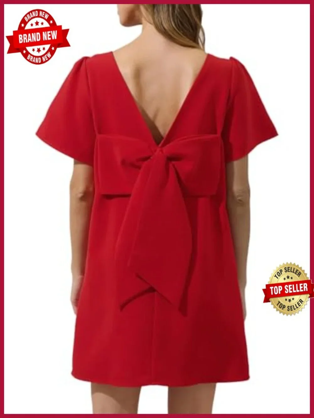 Women's Bow Detail Swing Dress Short Sleeve Shift Mini with Pockets